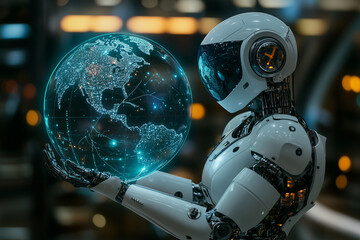 Aufkleber - robot is holding a globe in its hand. The robot is made of metal and has a metallic appearance. The globe is illuminated, giving it a futuristic and technological feel. The scene is set in a city