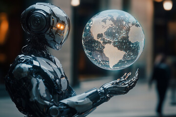 Aufkleber - robot is holding a globe in its hand. The robot is made of metal and has a metallic appearance. The globe is illuminated, giving it a futuristic and technological feel. The scene is set in a city