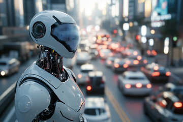 Aufkleber - robot stands in the middle of a busy city street, surrounded by cars and traffic lights. The robot's head is glowing, and it is looking up at the sky. The scene is a futuristic