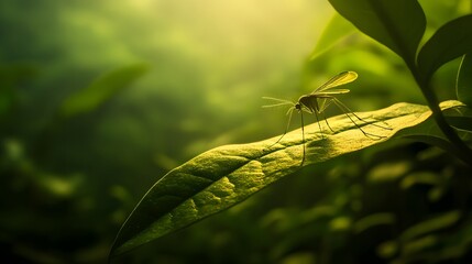 Wall Mural - Close-up of mosquito resting on leaf in tropical forest, emphasizing its role in transmitting viruses, shallow depth of field.