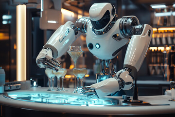 Aufkleber - robot is holding glasses of liquor on a bar. The robot is surrounded by bottles of liquor, and the glasses are lined up in a row. The robot appears to be a bartender, and the scene is set in a bar