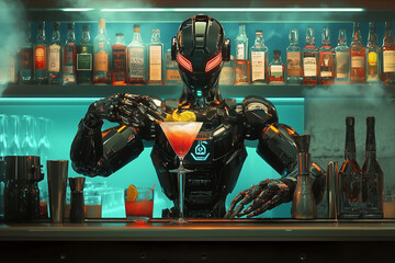 Poster - robot bartender is serving drinks at a bar. The robot is surrounded by several bottles and glasses, and it is in a futuristic setting. Scene is futuristic and high-tech