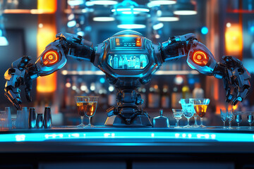 Poster - robot bartender is serving drinks at a bar. The robot is surrounded by several bottles and glasses, and it is in a futuristic setting. Scene is futuristic and high-tech