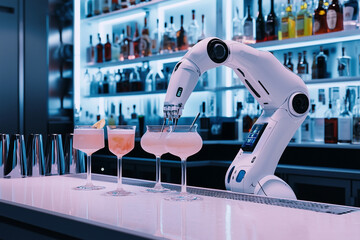 Poster - robot bartender is serving drinks at a bar. The robot is surrounded by several bottles and glasses, and it is in a futuristic setting. Scene is futuristic and high-tech