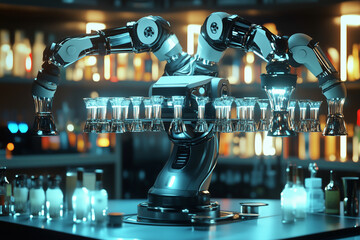 Aufkleber - robot is holding glasses of liquor on a bar. The robot is surrounded by bottles of liquor, and the glasses are lined up in a row. The robot appears to be a bartender, and the scene is set in a bar