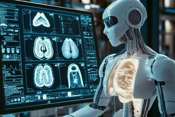Aufkleber -  robot is sitting in front of a computer monitor with a brain scan on it. The robot is wearing a white helmet and he is focused on the screen. Concept of technology and artificial intelligence