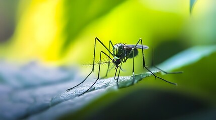 Wall Mural - Close-up of mosquito resting on leaf in tropical forest, emphasizing its role in transmitting viruses, shallow depth of field.