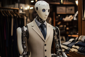 Aufkleber - robot dressed in a suit and tie stands in a store. The robot is wearing a tie and a jacket, and it looks like it is a man. The robot is standing in front of a rack of clothes
