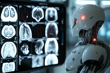 Aufkleber -  robot is sitting in front of a computer monitor with a brain scan on it. The robot is wearing a white helmet and he is focused on the screen. Concept of technology and artificial intelligence