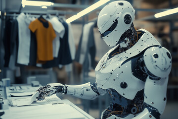 Aufkleber -  robot is sitting at a table with a pile of clothes in front of it. The robot appears to be sorting through the clothes, possibly for a store or a laundromat