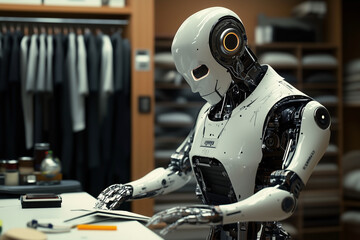 Aufkleber -  robot is sitting at a table with a pile of clothes in front of it. The robot appears to be sorting through the clothes, possibly for a store or a laundromat