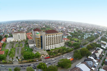 Aerial view of the city and apartment buildings.