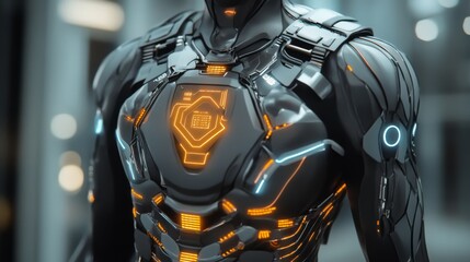 Wall Mural - A futuristic robotic suit with glowing orange accents, showcasing advanced technology and sleek design, highlighting innovation in robotics.