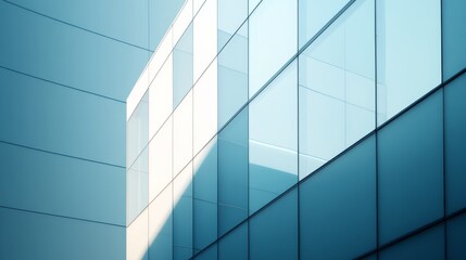 A modern glass building reflecting light with clean lines and a blue sky backdrop.