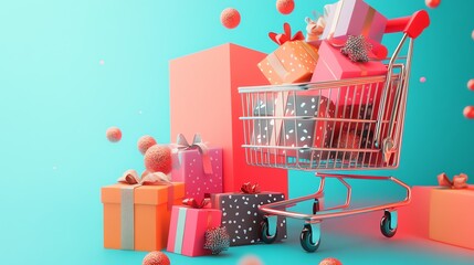 Poster - A colorful and playful image of a shopping cart filled with presents.
