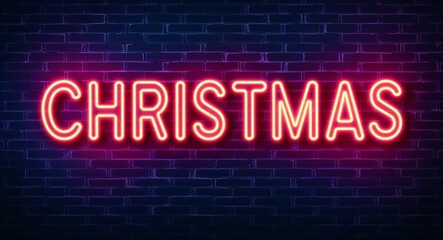 christmas word lettering glowing with neon light on dark brick wall background