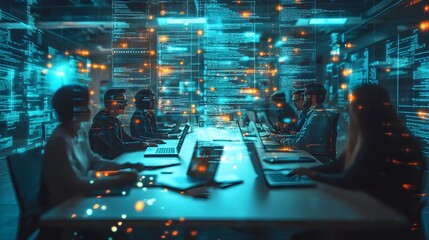 A group of coders sitting in a modern office, arranged in a circle with laptops, discussing app development, holographic code and data floating above their heads