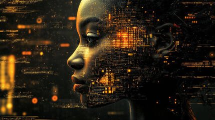 Cyberpunk portrait of black woman, double exposure, computer screen. Horizontal banner. Golden and black color scheme	
