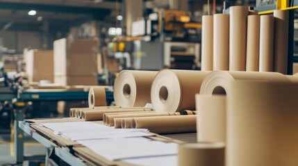 A bustling factory scene showcasing rolls of paper on a conveyor belt, surrounded by industrial equipment and supplies.