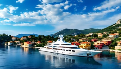 Charming bay view with luxury yacht anchored near vibrant villas and lush hills beneath a serene blue sky