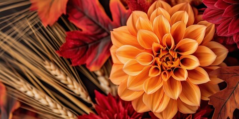 A macro photo of an autumn bouquet focusing on an orange dahlia paired with red and burgundy leaves, wheat stalks, and golden tones, capturing the essence of fall's natural beauty