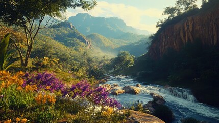 Wall Mural - A picturesque valley in the interior of Minas Gerais, featuring a vibrant rapids stream flowing through lush tropical trees and blooming flowers along the banks. 