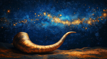 Shofar and Starry Night, the image of a shofar blowing under a star-filled sky, representing the call for reflection, with copy space, Rosh Hashana