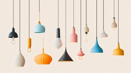 Set of colorful minimalist pendant lamps in various shapes and sizes, isolated on a bright neutral background.