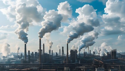 Wall Mural - Urban industrial skyline featuring factories releasing smoke beneath a dramatic cloudy sky