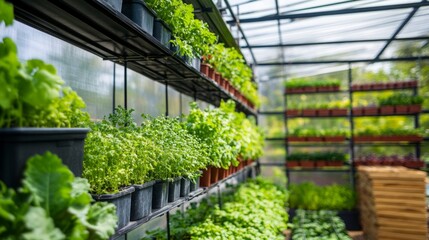 Poster - Innovative vertical farm with hydroponic shelving, plants growing on multiple levels inside a modern greenhouse