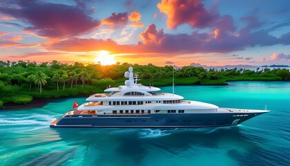 Tropical sunset cruise on a luxury yacht amidst lush greenery and vibrant waters