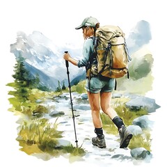 Wall Mural - Watercolor illustration of a woman hiking in the mountains.