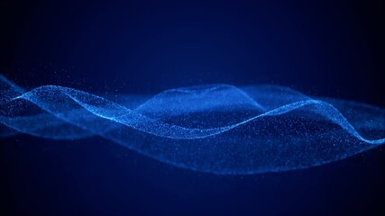 Poster - Abstract blue wave of digital particles flowing across a dark background, evoking concepts of technology, data, and connectivity. Animation 4k, 3d rendering.