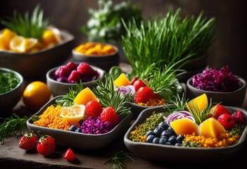 Wall Mural - colorful vibrant food presentation showcased eco friendly containers fresh ingredients artistic arrangement, organic, healthy, vegetables, fruits, plating