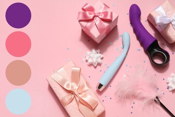 Different sex toys and gifts on pink background. Different color patterns