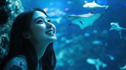 Asian young woman enjoy learning sea life in fish tank at Underwater Zoo Aquarium,Young woman touches a fish in an oceanarium tunnel,visitor in the aquarium looking at the fish through the glass.