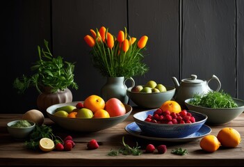 Wall Mural - colorful vibrant food presentations simple minimalistic table settings fresh ingredients eye catching arrangements, appetizing, artistry, bowl, buffet