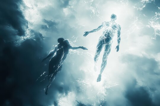 translucent version of a person floating above their physical form, with energy flowing between the two, representing an out-of-body experience, with copy space. 