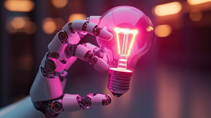 Wall Mural - A 3D model of a robotic hand holding a digital lightbulb, set against a gradient purple backdrop to symbolize AI-driven business innovation.