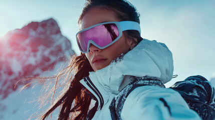 Wall Mural - A stylish woman in a white jacket and protective ski goggles stands on a snow-covered mountain. Downhill skiing or snowboarding training. She enjoys the cold weather