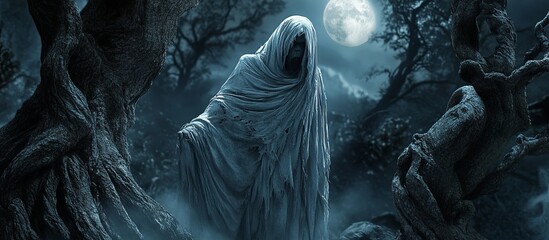 A ghostly figure draped in tattered cloth, standing among ancient trees with twisted branches.