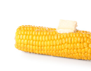 Sticker - Boiled corn cob with butter on white background