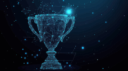Poster - Abstract Vector Champion Cup in Starry Sky - Wireframe Design of Trophy with Planets, Stars, and Universe Elements - Business Success Concept