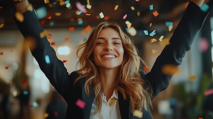 Happy businesswoman celebrates success with confetti.