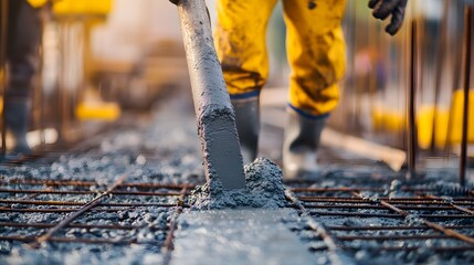 3. A close-up of construction workers pouring concrete, with tools and equipment scattered around in a dynamic, action-filled scene