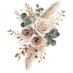 Boho floral arrangement with neutral roses and pampas grass, elegant watercolor bouquet, dried florals, eucalyptus, beige and green botanical illustration