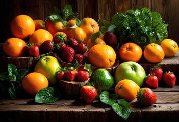 Wall Mural - bountiful display vibrant seasonal fruits vegetables artistically arranged rustic natural wood surface, arrangement, produce, harvest, colors, healthy