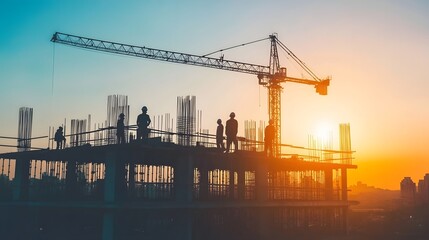 1. A bustling construction site at sunrise, featuring cranes, scaffolding, and workers in hard hats collaborating on a large building