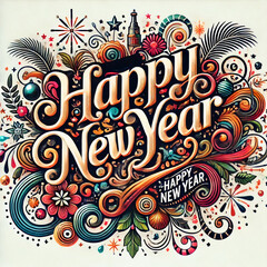 Colorful and festive typography art of 'Happy New Year' with intricate details and celebratory elements like fireworks and ornaments