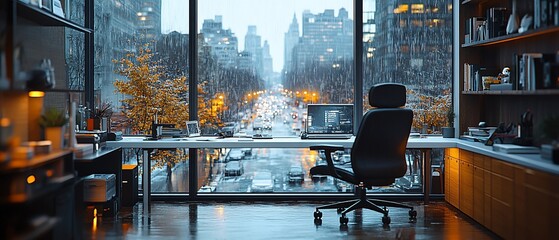 Modern office desk with city view and rain.